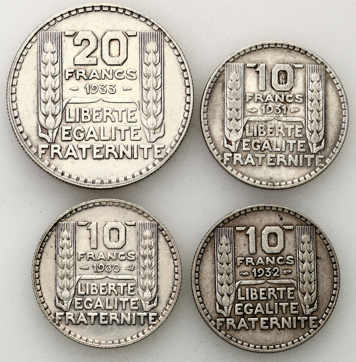 Francja, 10, 20 franków 1930-1933, Paryż, zestaw 4 monet